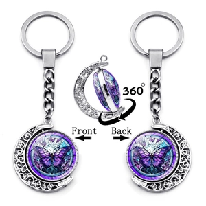 Porte-Clés Rotatif Double Face Lune Papillon en Alliage de Zinc Anneau en Métal Avec Pendentif Cabochon en Verre Violet
