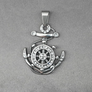 Sparkling silver anchor and ship wheel pendant with cubic zirconia stones for unisex necklaces