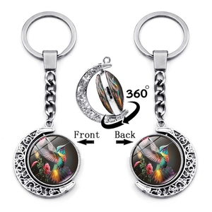 Hummingbird Moon Rotating Keychain Double Sided Glass Gem Zinc Alloy Moon Pendant Key Ring For Gift Decoration Accessories