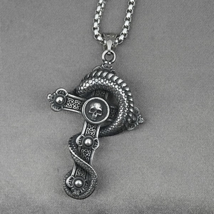 Gothic cross necklace with dragon and skull pendant in vintage silver stainless steel