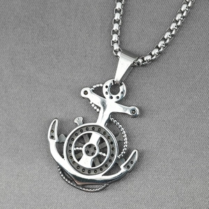 Polished stainless steel nautical anchor and helm pendant necklace for men