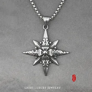 Vintage Titanium Steel Eight Pointed Star Pendant Necklace Retro Gothic Cross Embossed Punk Jewelry For Men Women Accessories