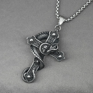 Gothic vintage dragon cross skull snake pendant necklace in retro silver stainless steel