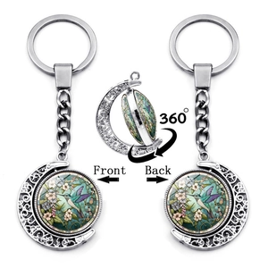Porte-clés Lune Rotatif Colibri Floral Alliage de Zinc Cabochon en Verre Pivotant à 360 Degrés Anneau pour Sac Voiture Pendentif Cadeau Art