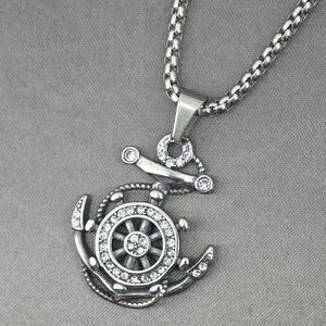 Retro titanium steel anchor and wheel pendant necklace with white crystals on box chain