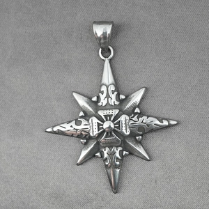 Vintage oxidized silver octagonal star pendant with cross relief and gothic totem engravings
