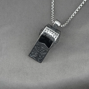 Vintage steel cross whistle pendant necklace with retro engraved patterns and pearl chain