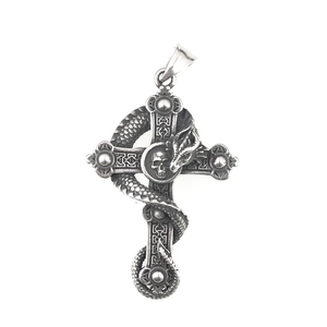 Gothic dragon cross pendant in vintage stainless steel with intricate serpent detailing