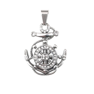 Vintage silver anchor and helm pendant necklace with white crystals for unisex wear