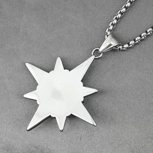 Star pendant necklace in stainless steel with box chain shown from a back perspective