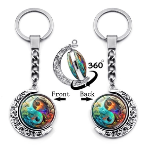 Rotating Moon Keychain Double Sided Zinc Alloy Glass Yin Yang Tree Pendant Hollow Art Key Ring For Women Men Daily Decoration