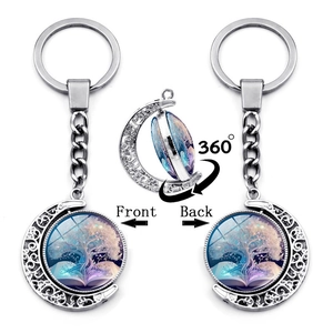 Vintage Zinc Alloy Rotating Moon Keychain With Tree Of Life Glass Gem Double Sided Crescent Moon Pendant Key Ring For Bag
