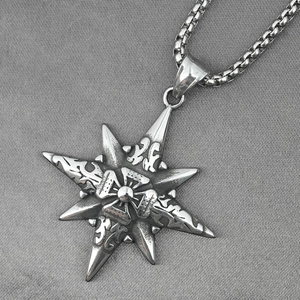 Vintage oxidized silver octagonal star pendant necklace with gothic tribal engravings