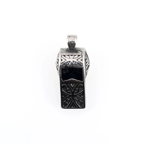 Vintage whistle pendant necklace with engraved cross patterns in silver stainless steel
