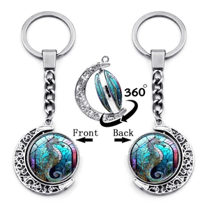 Porte Clés Créatif Hippocampe Double Face Rotatif Lune Pendentif Alliage Zinc Verre Argent Métal Anneau Pour Sac Voiture