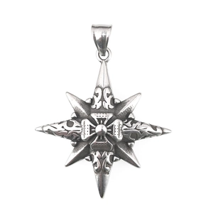 Vintage octagonal star compass pendant in silver stainless steel for men and women
