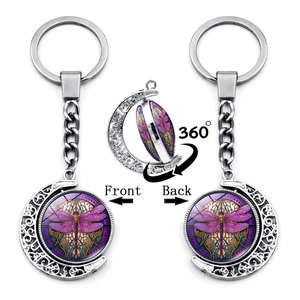 Portachiavi Luna Rotante a Doppia Faccia Libellula Viola Vetro Lega Anello Portachiavi per Borsa Donna Uomo Gioielli Accessori