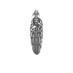 Pendentif plume rétro en acier inoxydable avec détail de crâne et base de sertissage
