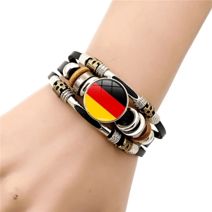 Multilayer leather bracelet with German flag glass dome and vintage beads for fans