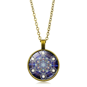 Collier Mandala fleur de vie avec pendentif géométrie sacrée Cube de Métatron et galaxie