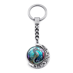 Porte-clés lune et hippocampe créatif avec pendentif lune rotatif double face
