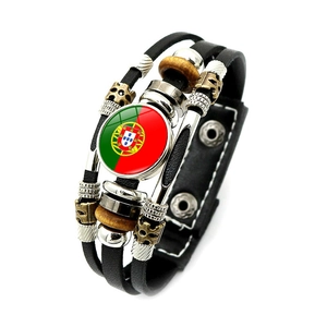 Multilayer leather bracelet with Portugal flag charm and vintage punk style beads