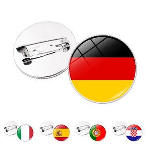 Round Glass National Flag Brooch Pin Badge Time Gemstone Badge Germany Italy France Spain Football Fans Brooch Accessories