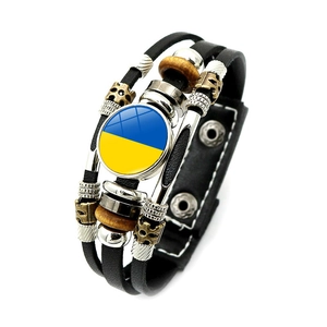 Multilayer leather bracelet with Ukraine flag glass charm and punk style beads