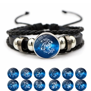 Vintage 12 Zodiac Sign Braided Leather Bracelet Handwoven Multi-layer Woven Glass Time Gem Starry Sky Unisex Adjustable Wristband Birthday Gift
