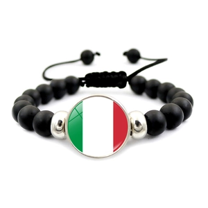 European Cup National Flag Beaded Bracelet Black Matte Beads Glass Cabochon Adjustable Hand Woven Souvenir Wristband Jewelry
