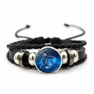 Multilayer braided leather bracelet with Leo zodiac sign glass gem and silver beads
