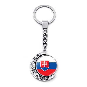 Detailed view of the Slovakia flag crescent moon rotating pendant and silver keychain