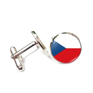 Detailed macro view of silver-tone cufflinks featuring the Czech Republic flag pattern