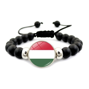 Handmade Hungary national flag beaded bracelet with matte black beads and adjustable cord