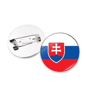 Detailed front and back view of Slovakia flag pin badge with glossy dome and secure pin