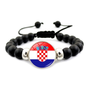 Croatia flag beaded bracelet with matte black stones and adjustable woven cord