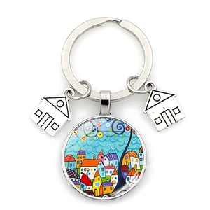 Abstract Art Keychain Zinc Alloy Glass Starry Sky House Tree Landscape Charm Pendant For Keys Bags Decoration Gift
