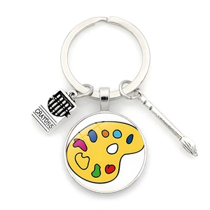 Artist palette keychain with crayon box and paintbrush charms for art lovers and teachers