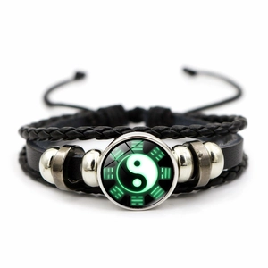 Bracelet en Cuir Tressé Multicouche Yin Yang Tai Chi Huit Trigrammes Bracelet Charme en Verre Punk Rétro Bijoux en Alliage Unisexe