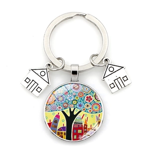 Starry sky life tree glass pendant keychain with silver metal rings and house charms