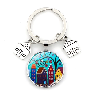 Starry sky abstract art glass keychain with miniature silver house charms and metal ring