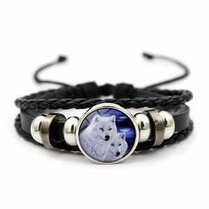 Unisex punk wolf leather bracelet with braided strands and glass snap button charm