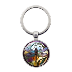 Vintage dragonfly glass gemstone keychain with artistic flower and silver metal ring
