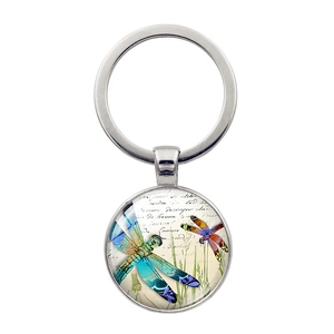Vintage silver dragonfly keychain with colorful art pendant and glass cabochon
