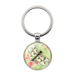 Vintage silver dragonfly glass cabochon keychain with pink rose floral art design