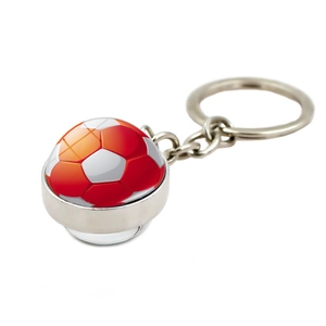 Double-sided glass soccer ball keychain with a silver metal base in red and white colors