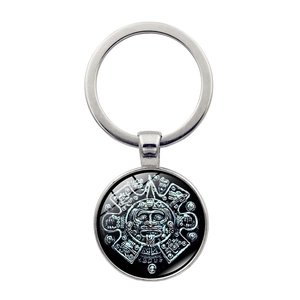 Vintage Aztec Sun Stone Mayan Calendar Keychain Zinc Alloy Glass Cabochon Culture Totem Pendant Key Ring Gift Jewelry