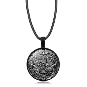 Vintage Antik Maya Aztekischer Kalender Anhänger Halskette Legierung Glas Zeitstein Rund Sonnestein Schmuck Damen Herren Pulloverkette
