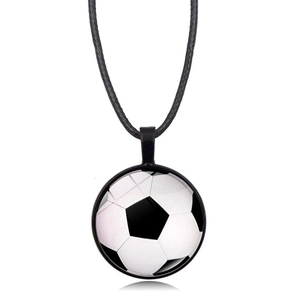 Collier Pendentif Rond Gemme du Temps Thème Ballon Sportif Alliage Verre Motif de Ballon Cordon en Cuir Noir Bijoux