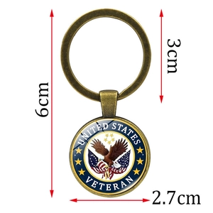Portachiavi veterano americano 6cm con gemma in vetro e ciondolo aquila bronzo da 2,7cm
